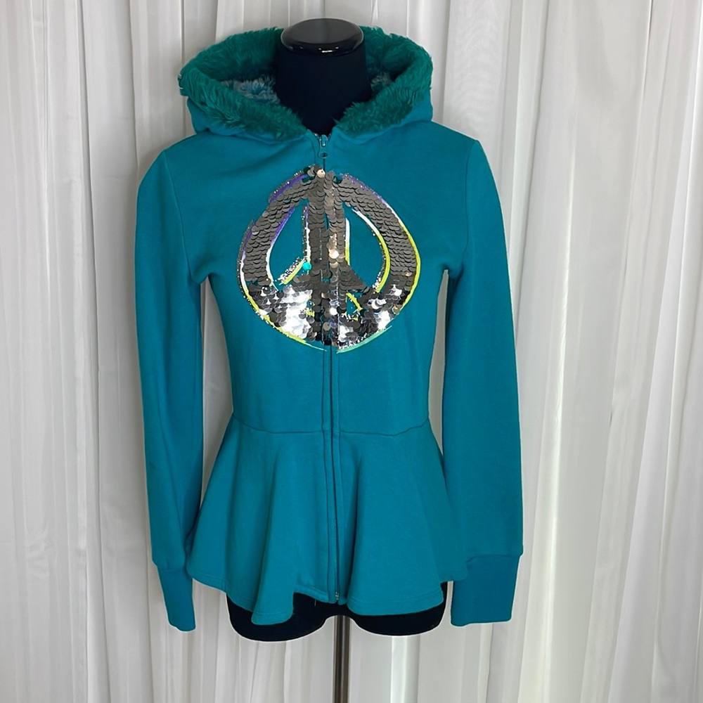 Turquoise PIPER Athletic Jacket with sequin “PEACE” sign, size 14/16